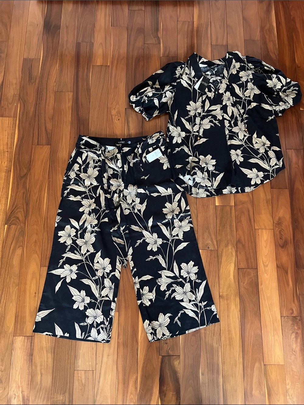Ralph Lauren Black & Cream Floral Button-Front Top and Pants Set